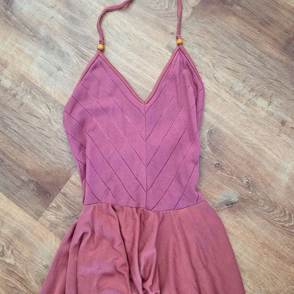 Free People Intimately Burgundy Pointelle Halter Handkerchief Hem Midi Dress - Picture 5 of 6
